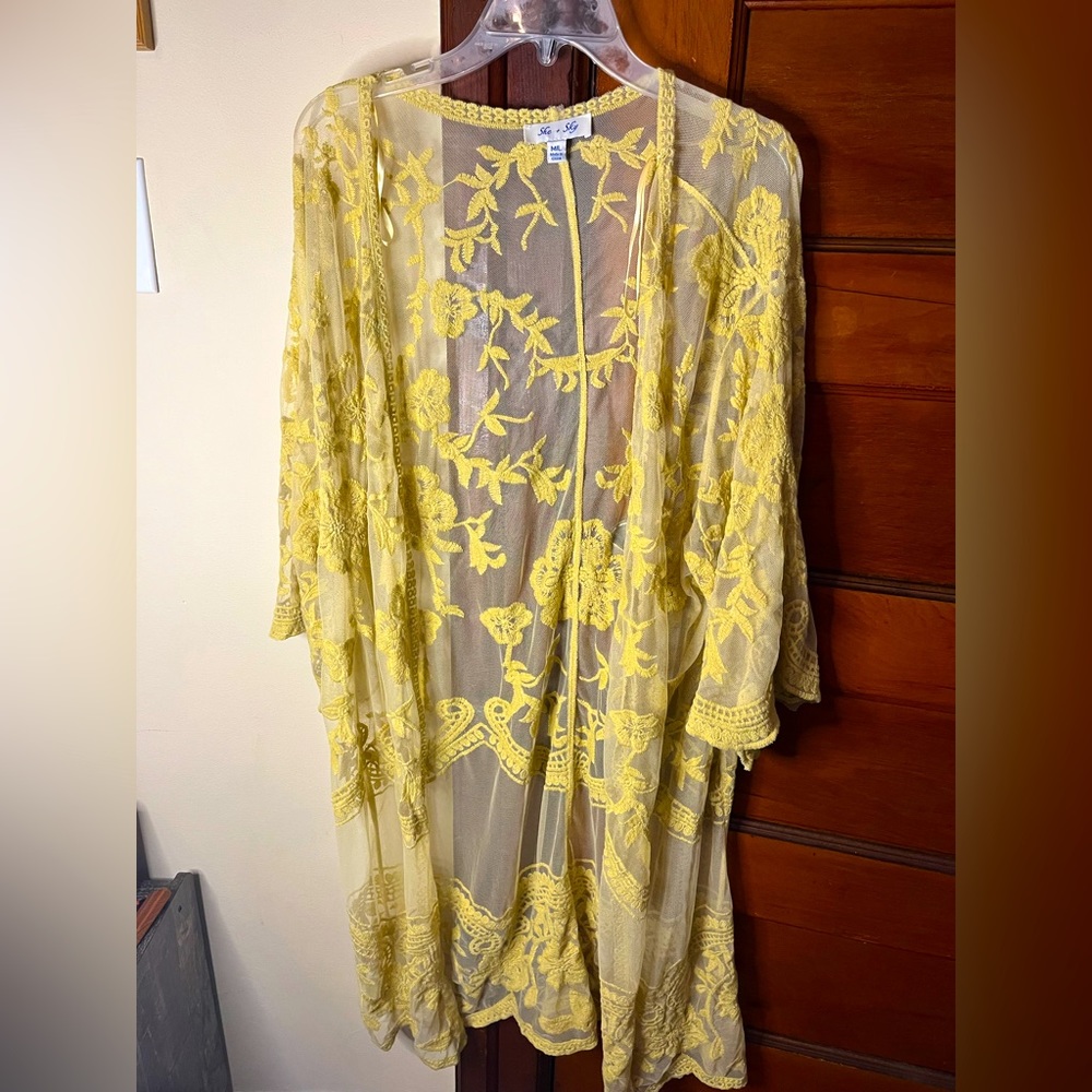 Mesh Embroidered Yellow Floral Kimono